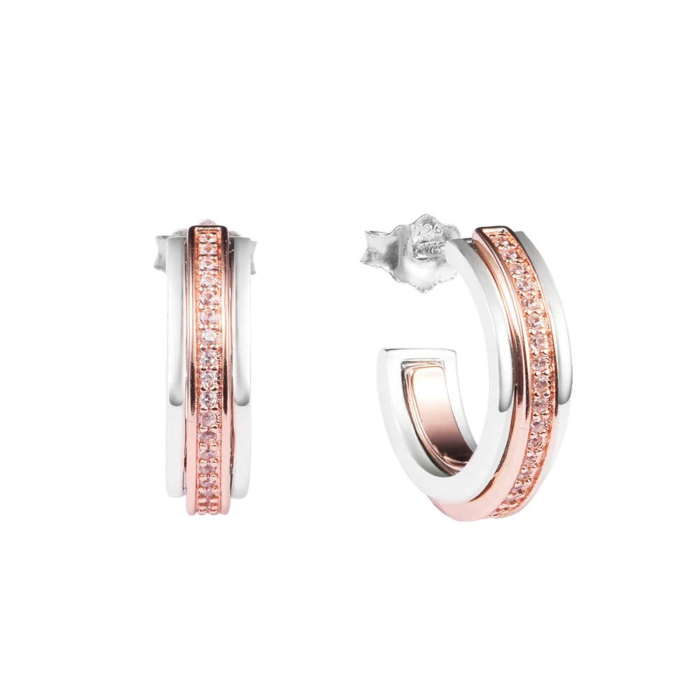 

Signature Two tone Logo & Pave Hoop Earrings Friends Mother Kids 100% Real Sterling Silver Jewelry New Hoop Earrings For Women