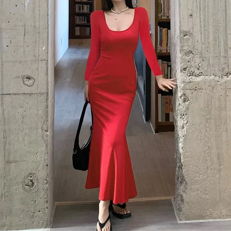 y2k Dresses Women Sexy Clothes Solid Color Butterfly Cutout Back Long Sleeve Bodycon Dress Club Dresses Streetwear