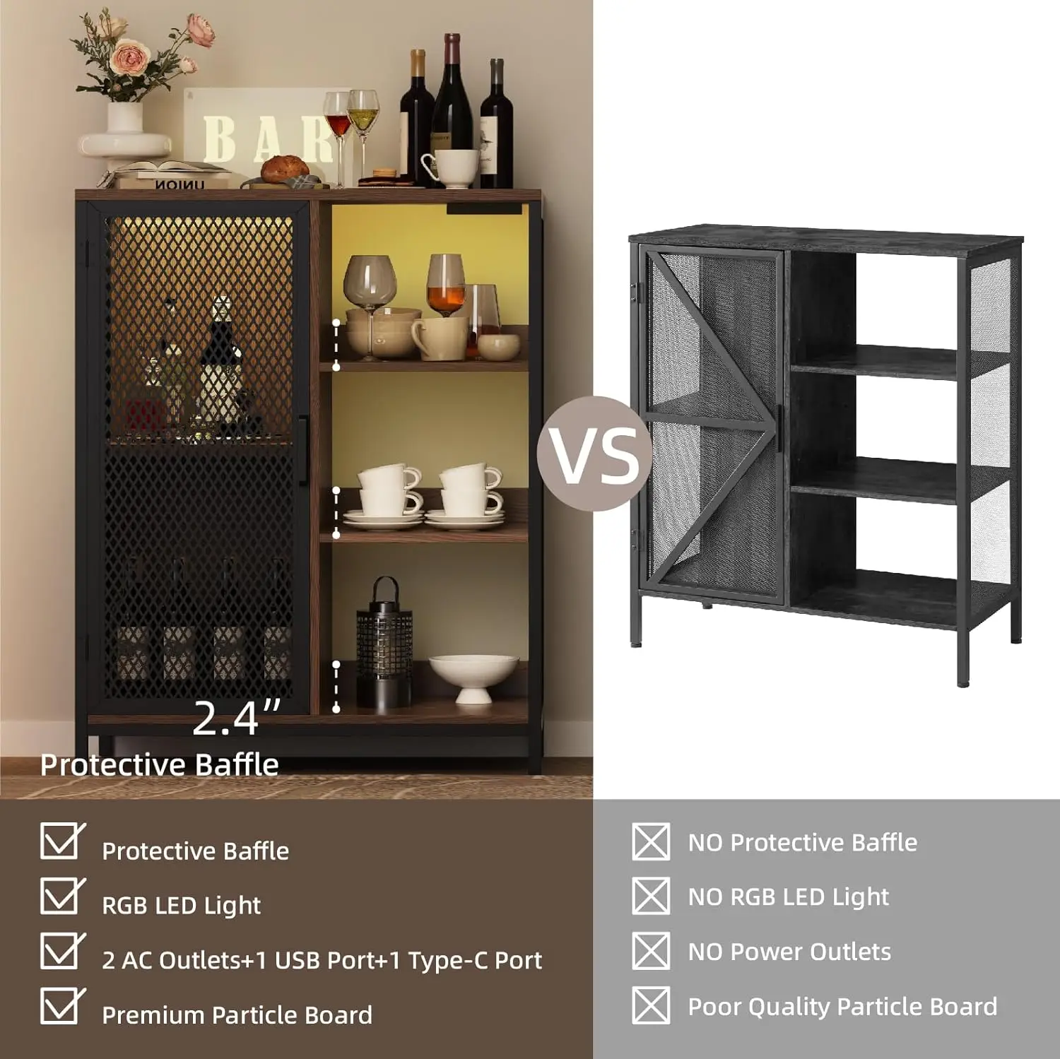 Redlife Coffee Bar Cabinet Small Liquor Cabinet w/ LED Light Charging Station Storage Farmhouse Buffet Sideboard for Dining Room
