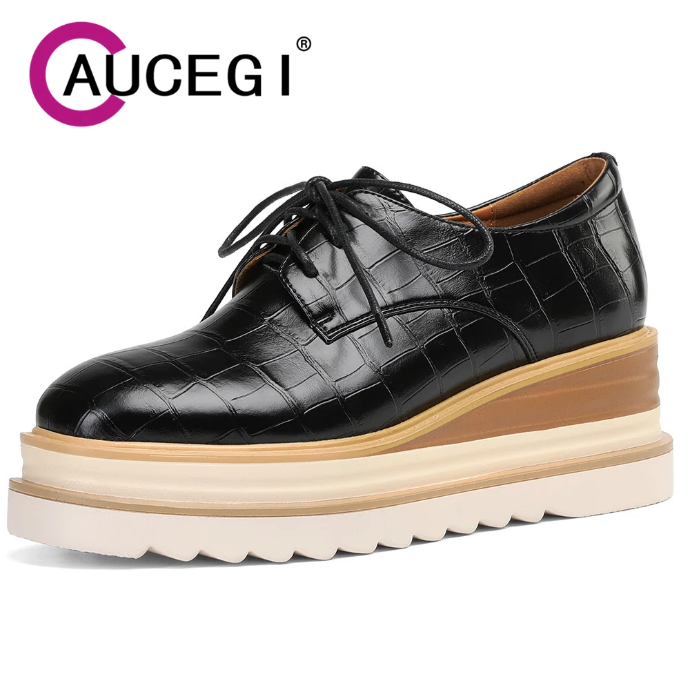 

Aucegi 2024 Woman Platform Wedge Heels Pumps Lace Up Round Toe Stone Pattern Genuine Leather Casual Handmade Shoes Black