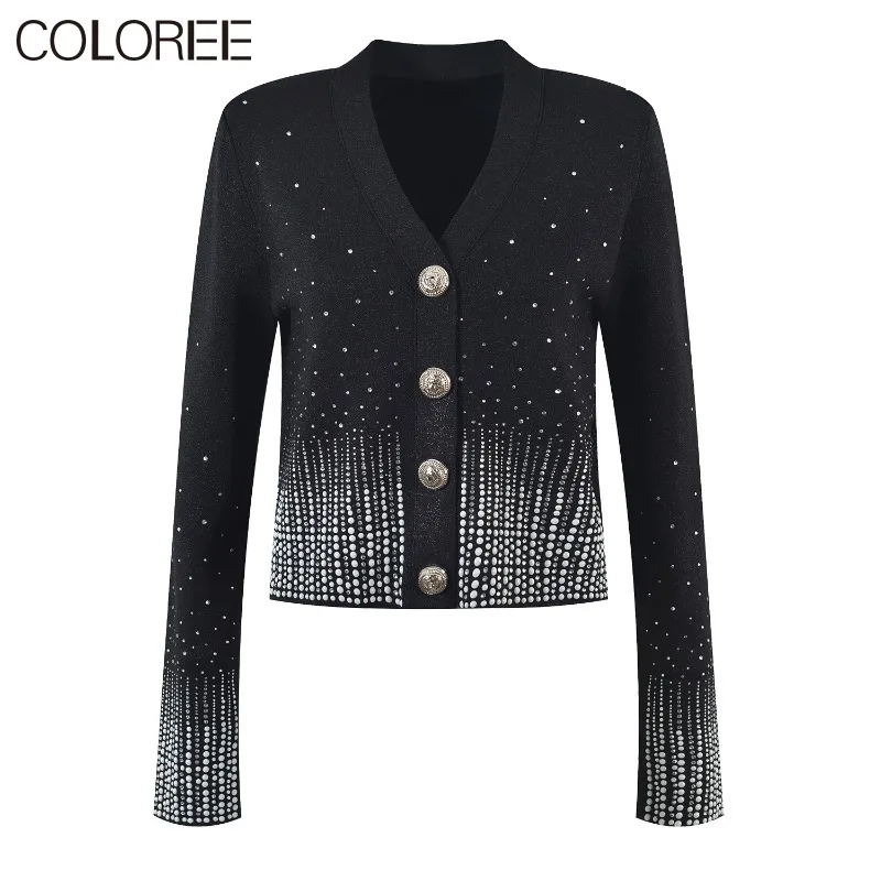 

High Quality Diamonds Beading Cardigans for Woman 2023 Autumn Winter Luxury Elegant Top Mujer Knitted Sweater Mujer