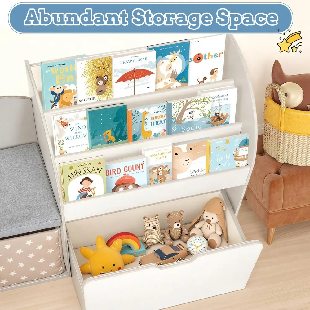 67" Kids Reading Nook with Bench, Toy Storage Organizer, 6 Cubbies & Movable Drawers, Bookshelf for Playroom Bedroom