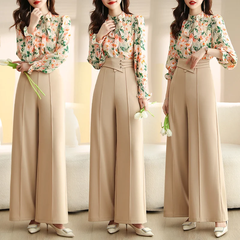 2023 Spring Womens Elegant Two Piece Ethnic Trousers Set With Wide Leg Pants  Long Sleeve Shirt And Matching Pants Outfit From Ganhatie, $23.97