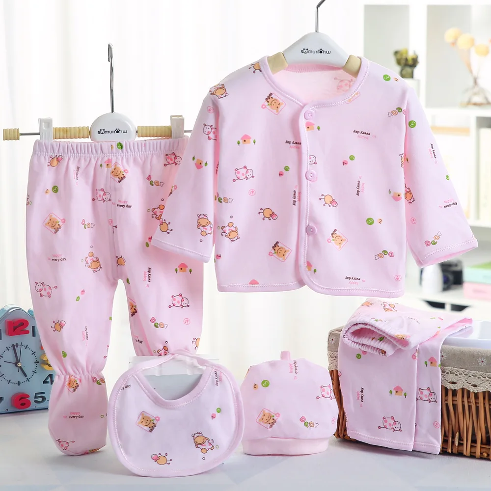 

5Pcs/Set Baby Girl Clothes Newborn Boy Underwear Tops+Pant+Bib+Hat Five-Piece Toddler Clothing Kid Outfit 0-3Month Children A989