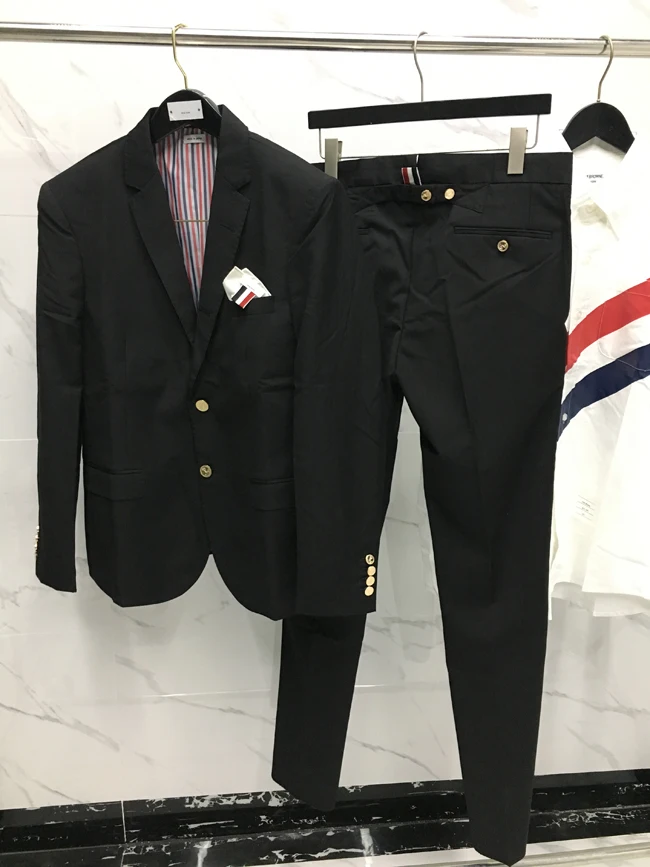 

TB Suit Set Gold Button High Waist Short Tri Color Red White Blue Solid Suit Gentleman English Style Coat Free Square Scarf