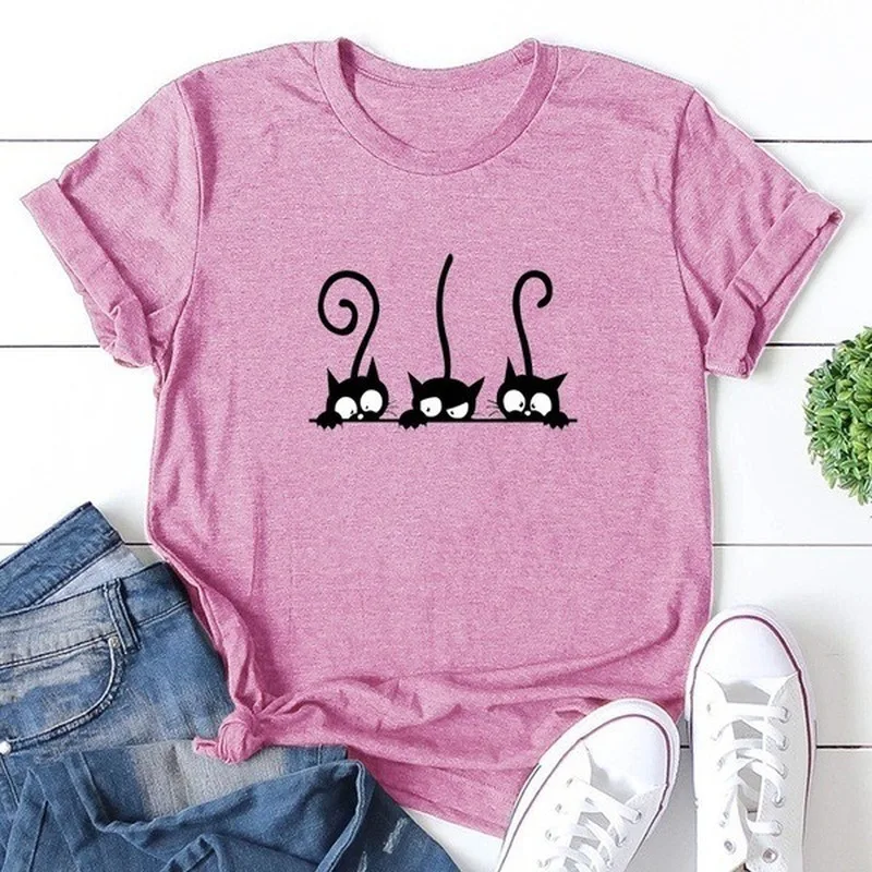 Three-Black-Cat-Print-T-Shirt-Women-Short-Sleeve-O-Neck-Loose-Tshirt-Summer-Women-Tee