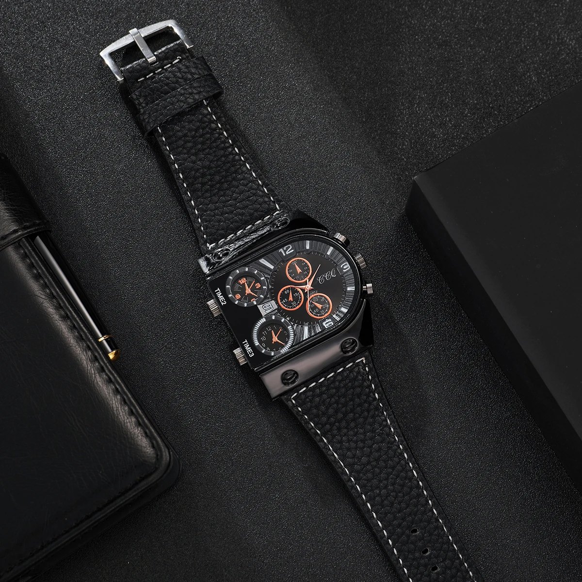 Fashion Big Dial Men's Quartz Watch Casual Leather Band Male Sports Watches 5