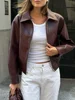 Women Fashion Solid Pu Leather Zipper Coat Retro Turn Down Collar Long Sleeve Outwear 2024 Autumn Female Chic Motorcycle Jackets 2