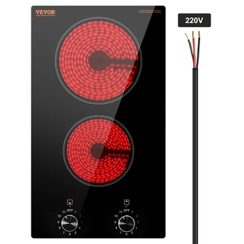 SucceBuy 12 inch Electric Cooktop 2 Burners Built-in Electric Stove Top Ceramic Top Radiant Cooktop w/ Glass Panel Knob Control 1