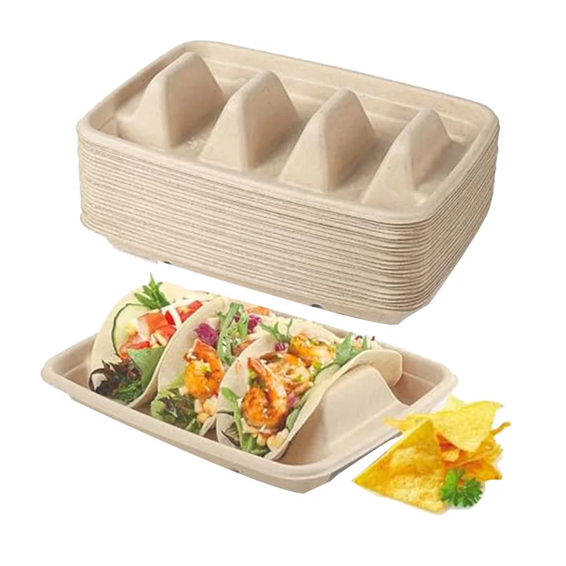 Hot Selling-50 Pieces Biodegradable Disposable Taco Holder, 3 Compartments Paper Taco Plates, Made Of Sugarcane Fibers For Party