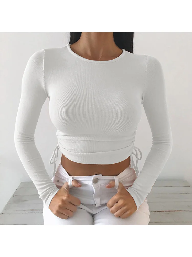 Top da donna a maniche lunghe, con bordo in pizzo, maglietta corta, scollo a U, basic autunno, slim fit, maglietta Y2K Streetwear, bianco, M
