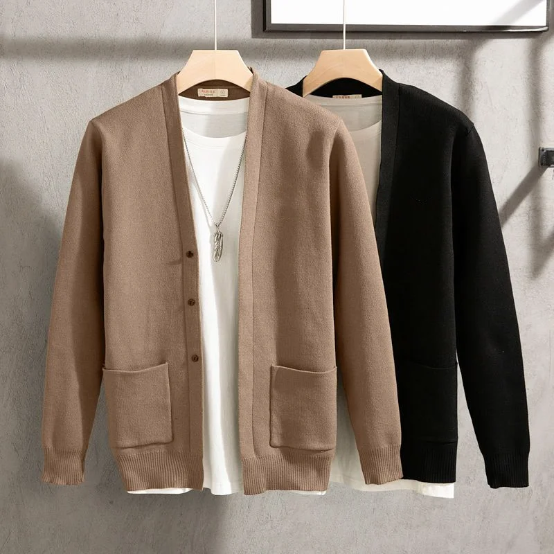 2023 Spring Autumn New Solid Color Fashion V-neck Long Sleeve Knitting Cardigan Man Casual Loose Button Pockets All-match Coat