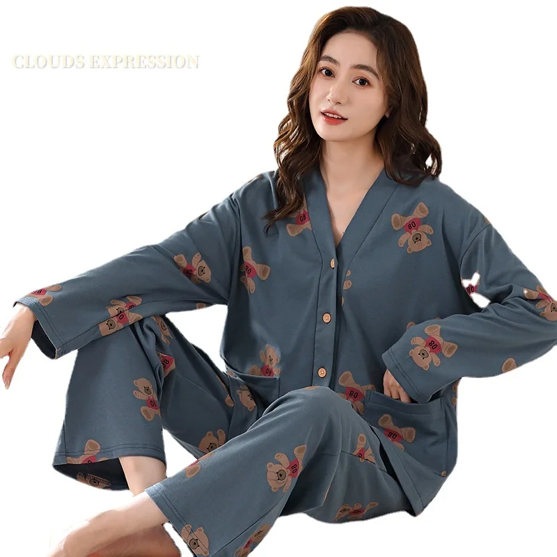 

Spring Autumn Kimono Style Elegant Women's Pajamas Sets Ladies Plaid Sleepwear Homewear Femme Pijamas Mujer Pyjama Home Clothing