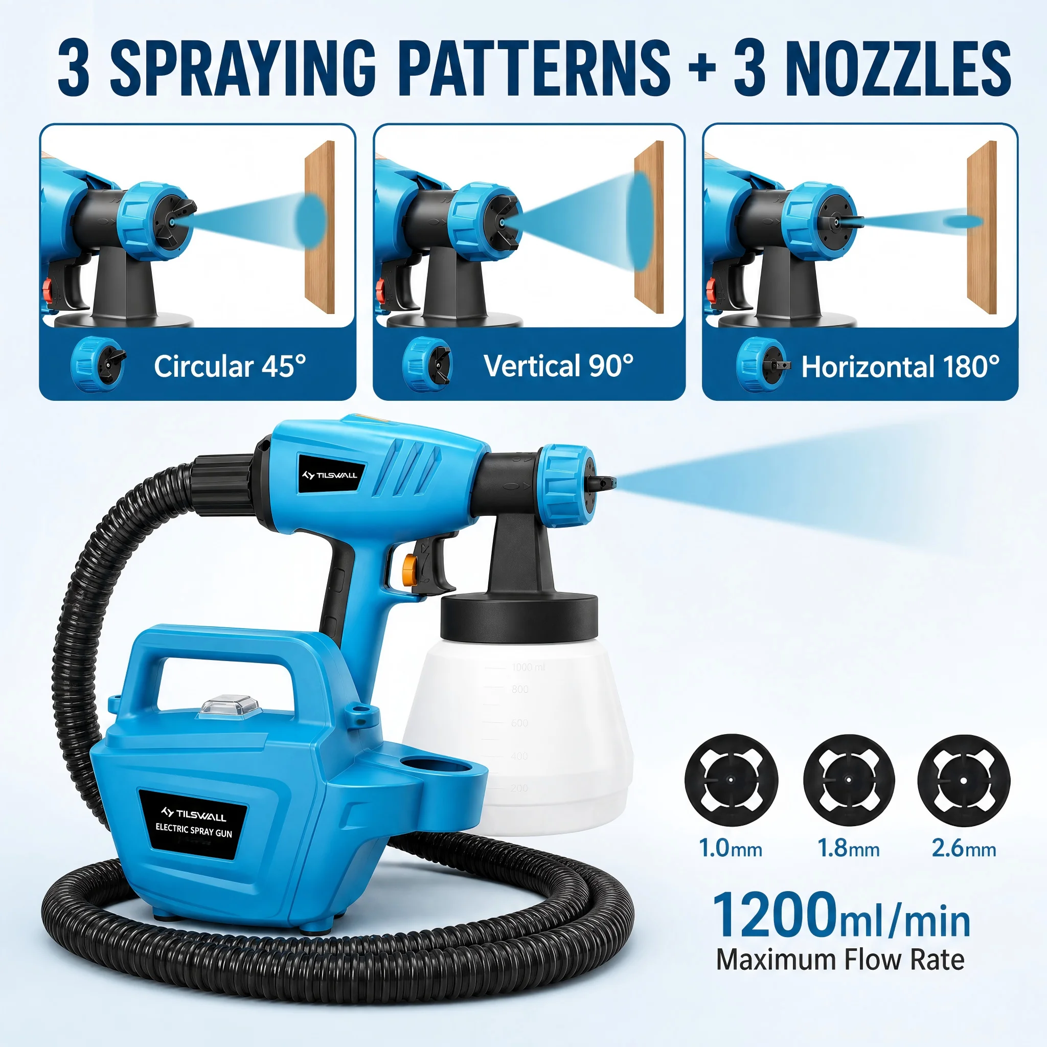 800W HVLP Paint Sprayer 1200ML/Min Electric Spray Paint Gun With 2.5M Air Hose 1300ML Detachable Container 3 Nozzle Sizes & 3 Patterns For Furniture Cabinet Fence