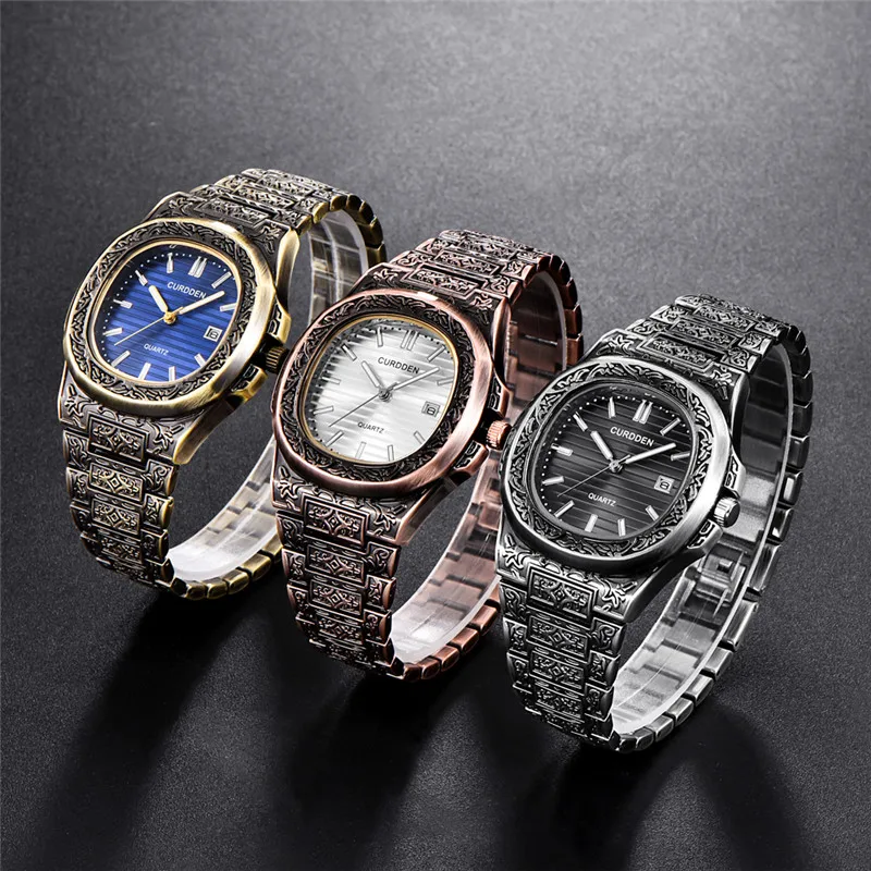 Men Original CURDDEN Brand Designer Watches Casual Alloy Band Simple Cool Unique Carve Design Date Quartz Wrist Watch Golden