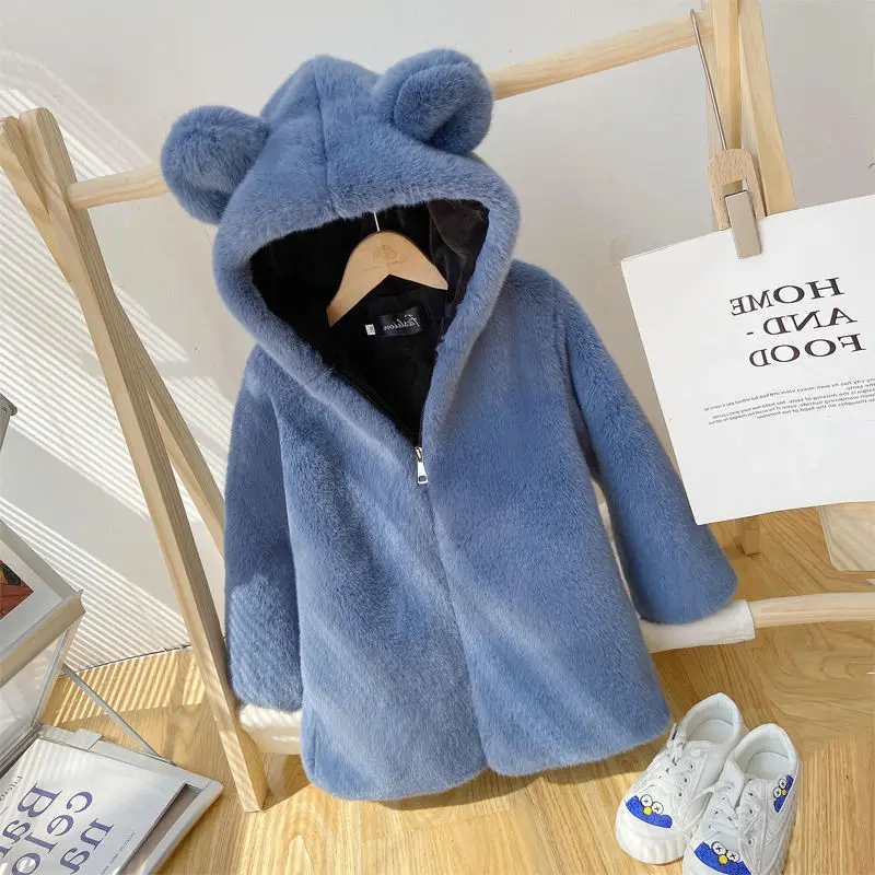 

Children's Faux Fur Jackets Autumn Spring Boys Girls Thickening Velvet Sweater Baby Kids Wool Cute Hooded Warm Coats V04