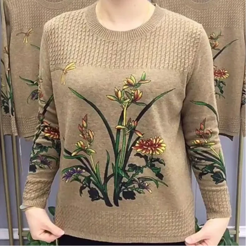 

Fashion Casual Women Clothing Floral Sweater Spring Autumn Vintage Long Sleeve Round Neck Versatile Loose Knitted Pullovers Top