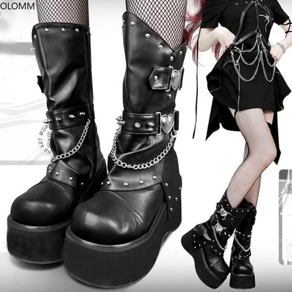 

Ankle Boots Womens Round Toe Metal Rivet Chain Platform Wedge High Heel Punk Japanese Harajuku Rock Shoes JK New 2023