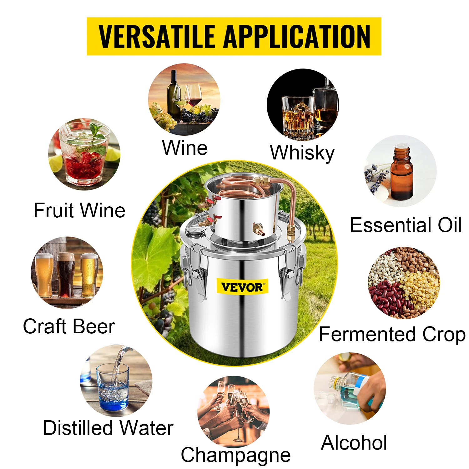 VEVOR 3 5 8 13 Gal Distiller Alambic Moonshine Alcohol Still Stainless Copper DIY Home Brew Water Wine Essential Oil Brewing Kit 2