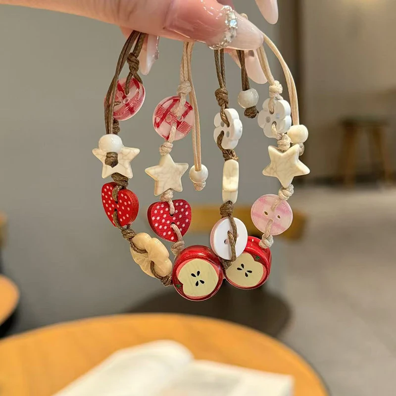 Handmade Ceramic Apple Bracelet - Adjustable Woven Cord with Cartoon Beads for Women