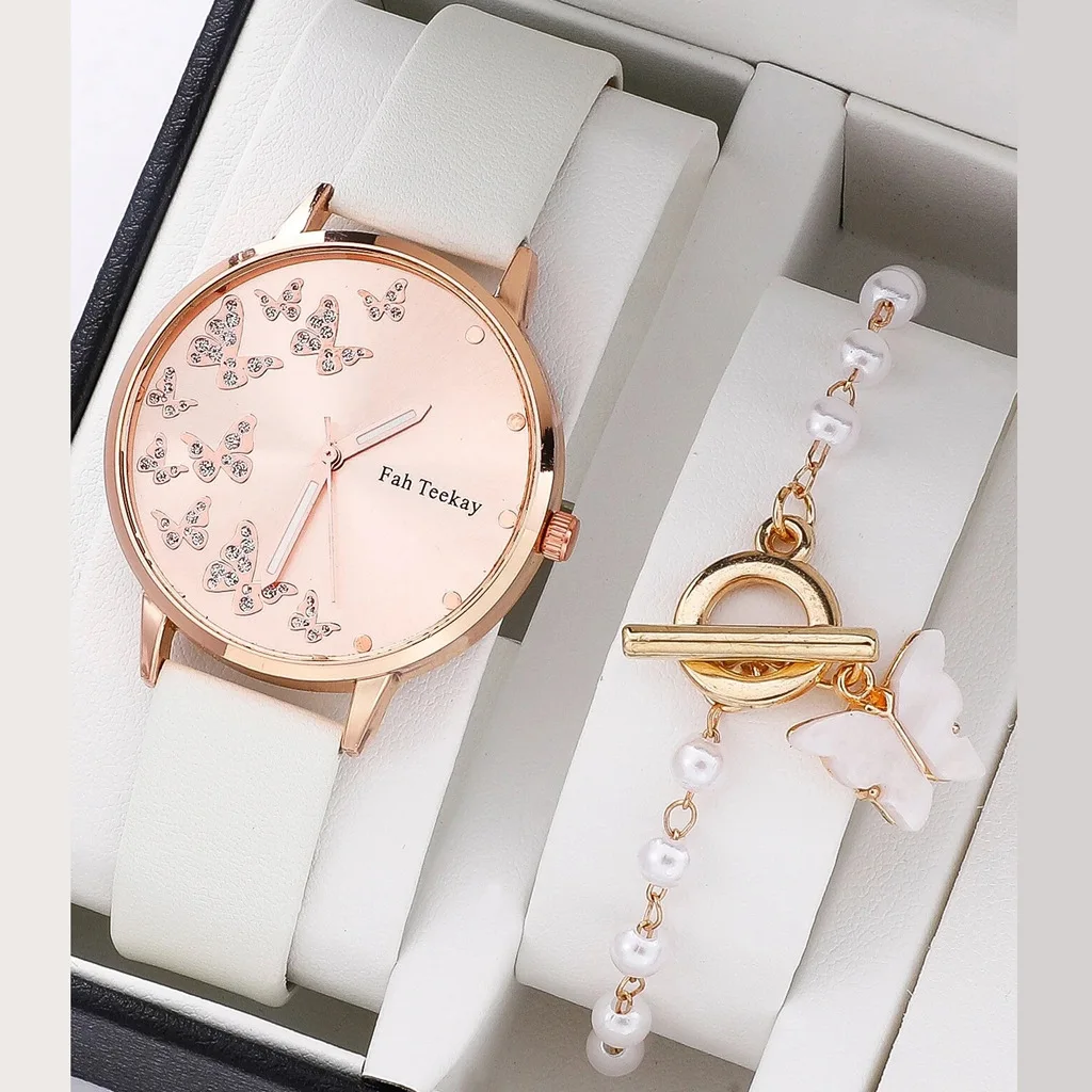 2pcs/set fashion Butterfly pattern rhinestone pu leather women wrist watch 3
