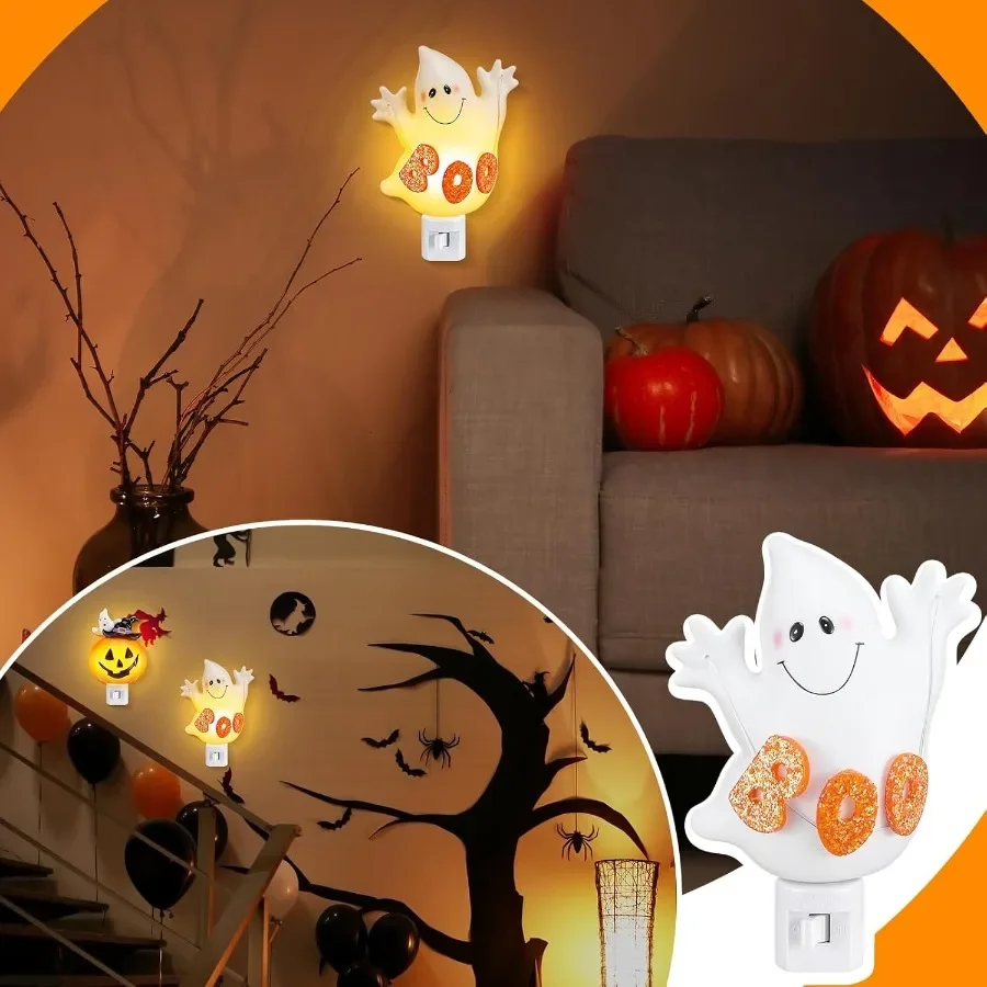 2 Pcs Halloween Night Lights Featuring Pumpkin Ghost Lantern and Boo Ghost Design with PlugIn Power Source for Festive Wall Dec