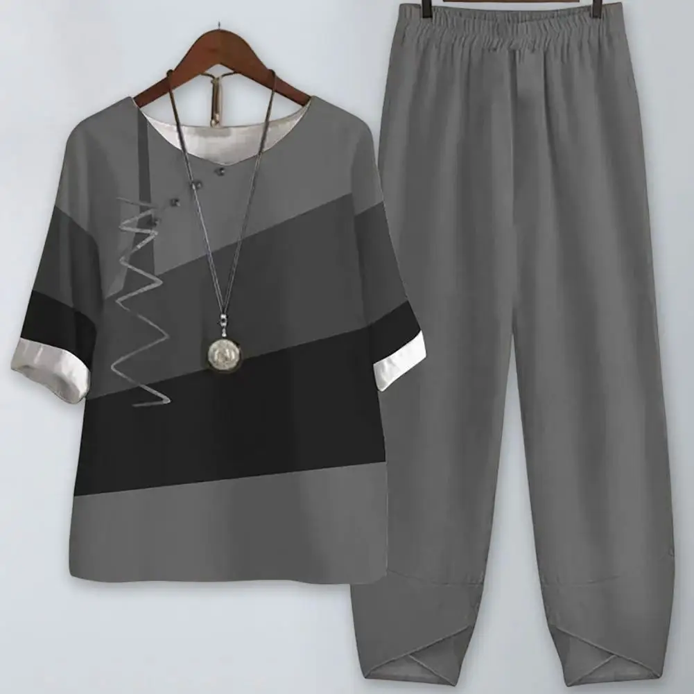 

1 Set Two Pieces Set Contrast Color Female Outfit Short Sleeve Pullover with Long Pants