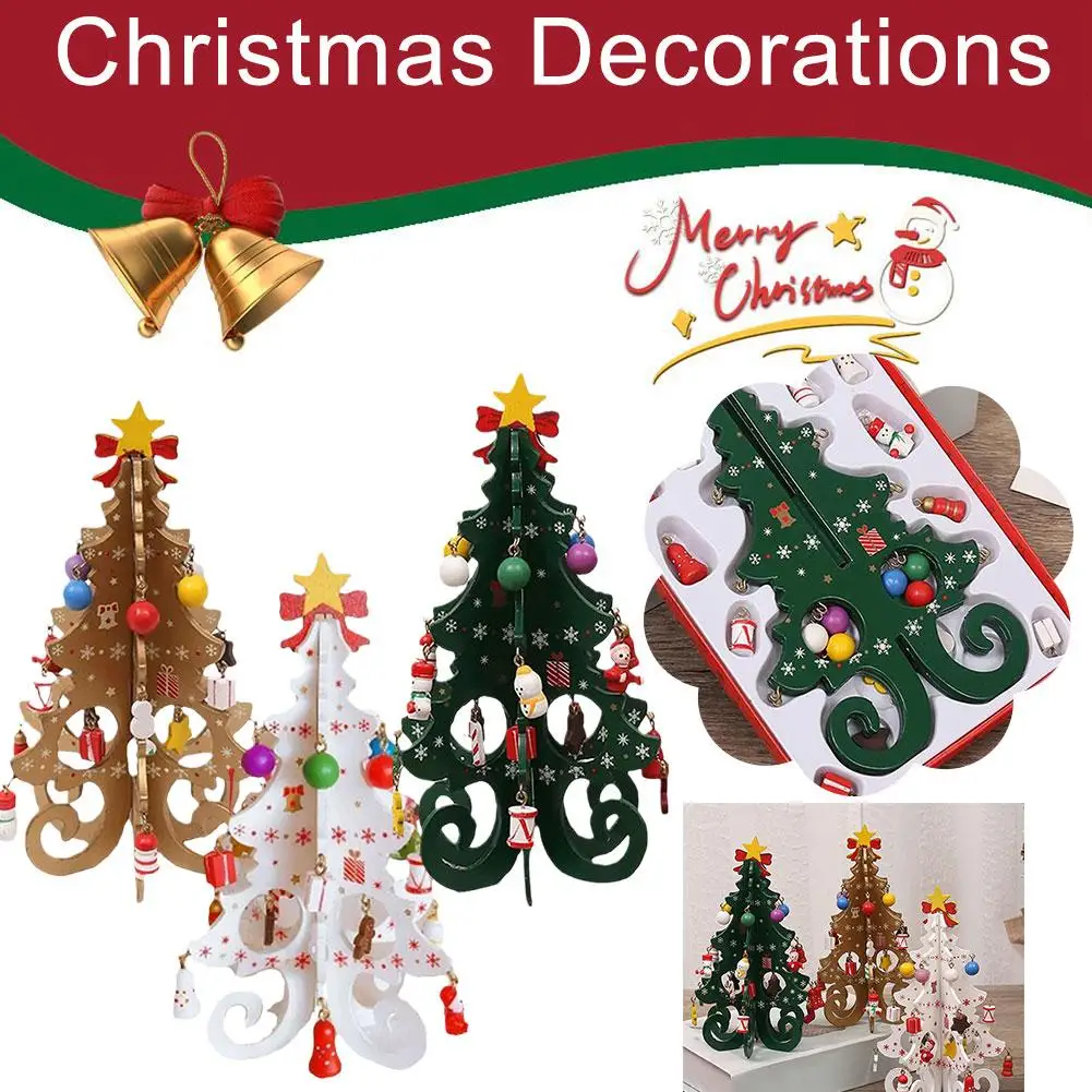 

2023 Handmade Stereo Wooden Xmas Tree White/Green/Gold Layout New Christmas Decoration Eve Tree Gift Year's Children's Orna L3O7