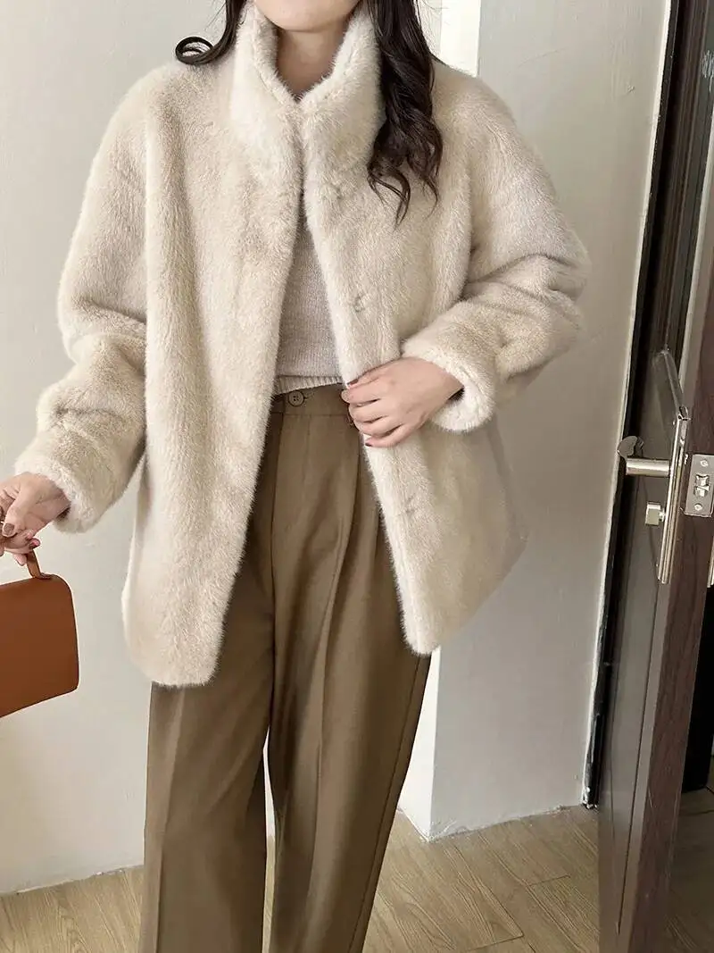LANMREM Eco-friendly Mink Fur Windproof Stand Collar Faux Mink Coat For Women Warm Winter Thick Jackets With Pockets 2DB5167