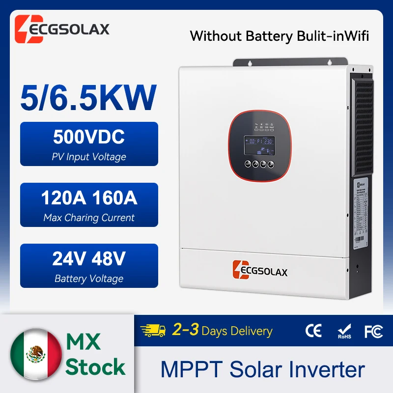 Inversor Solar Híbrido ECGSOLAX 5KW 6.5KW 24V 48V con Controlador de Carga MPPT 120A 160A, Inversor Solar Híbrido con WIFI Integrado