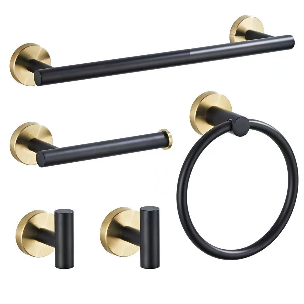 Toilet paper holder bathroom hardware set bathroom hardware accessories Black and Gold Stainless Steel Bathroom Hardware set Towel Bar Toilet Paper Holder Clothes Hook Bathroom Roll Towel Rack Ring