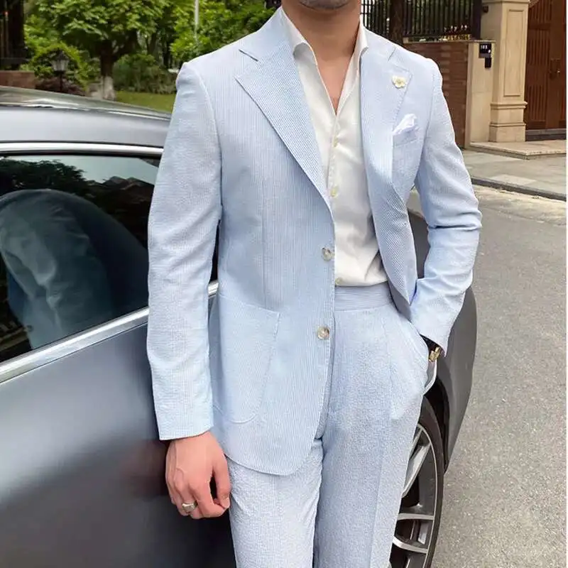 Summer Thin Men Leisure Blue Striped Seersucker Suit British Gentry Suit Men Business Tuxedos Slim Fit Groom
