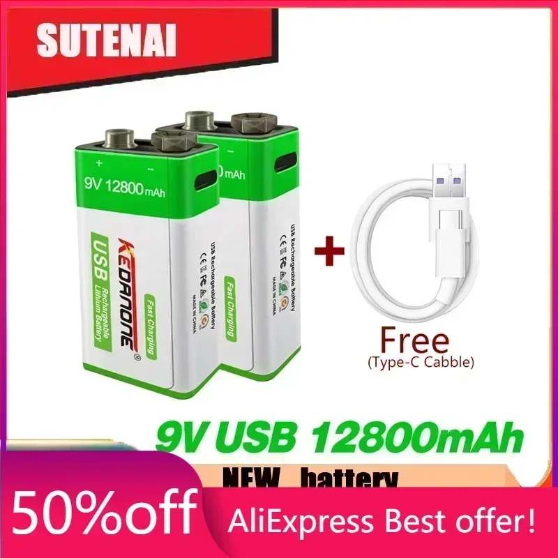 

12800mAh Type-C USB 9 Volt li-ion Rechargeable Battery 6F22 9V Li ion Lithium Battery for RC Helicopter Model Microphone Toy