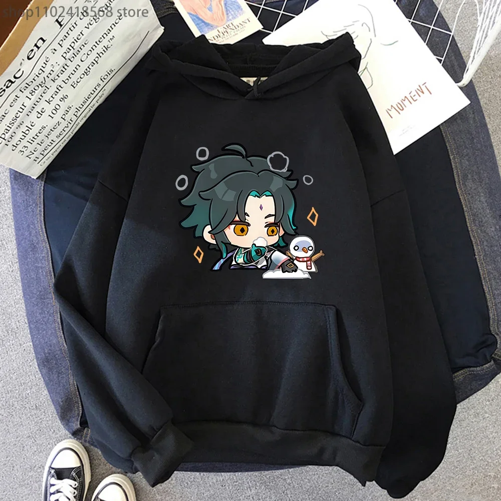 Xiao with Chibi Snowman Hoodies Genshin Impact Streetwear Men Game Cartoon Printed Swearshirt Harajuku Pullover Fleece Sudaderas