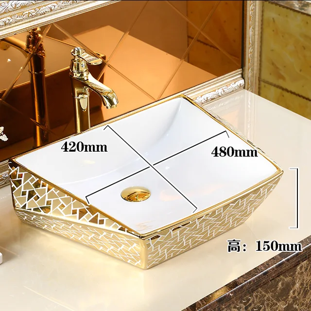 Modern Gold Electroplating อ่างล้างหน้าทองสีตาราง Art อ่างล้างหน้า Lavabo ชามหรูหราห้องน้ําอ่างล้างจาน 6