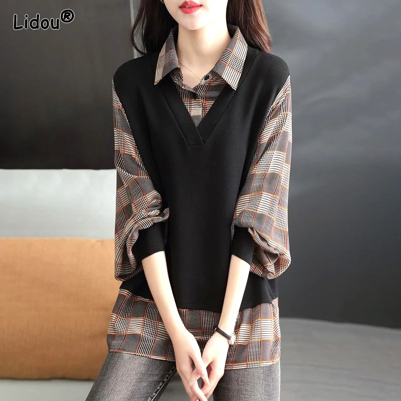 

Office Lady Fashion Straight Loose Long Sleeved Spring Autumn Women's Clothing Elegant Turn-down Collar Button Plaid T-shirts