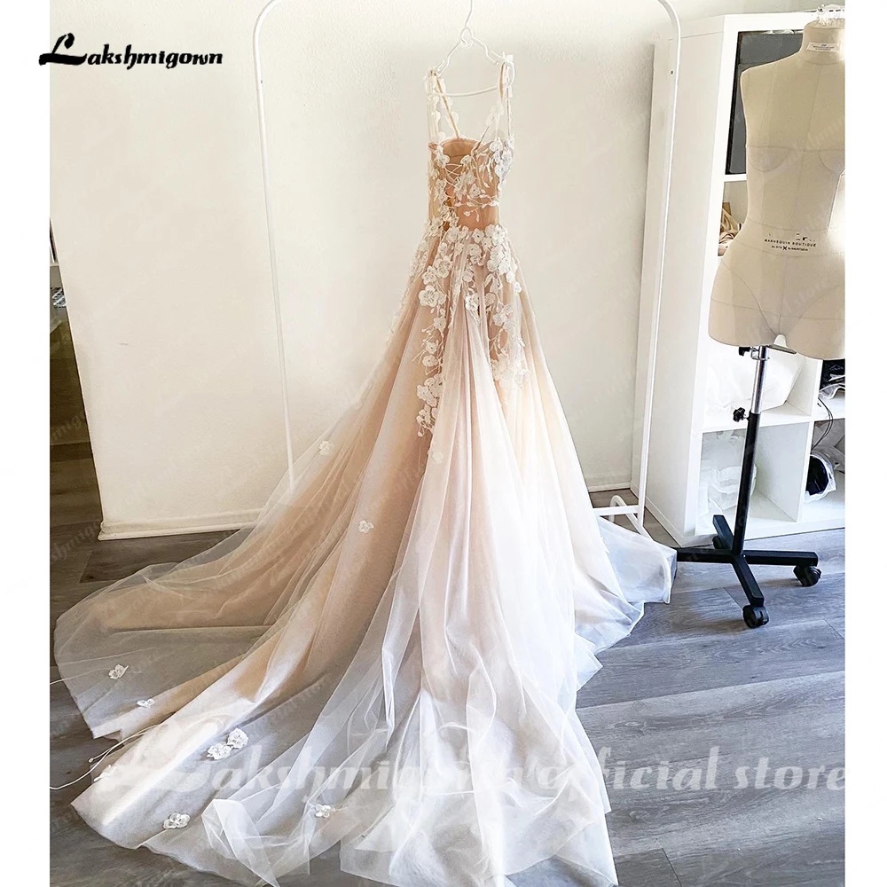 Lakshmigown Light Champagne Wedding Dresses 3D Flowers Spathetti Straps A Line Wedding Gown Beach Sweetheart Wedding Gowns