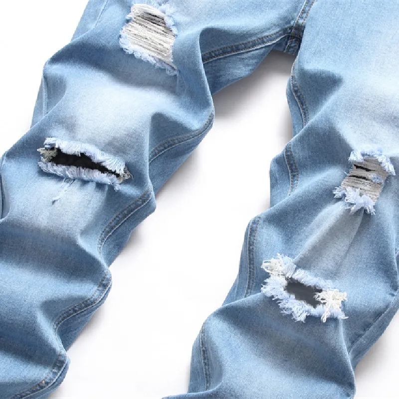 Men's Fashion Holes Skinny Jeans Pants High Street Male Ripped Distressed Casual Stretch Beggar Pencil Denim Pants
