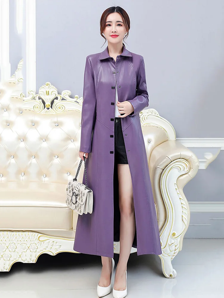 Size M-7XL New Women Leather Coat Spring Autumn 2023 Fashion Single Breasted Long Slim Leather Outerwear Female Long-sleeve Coat