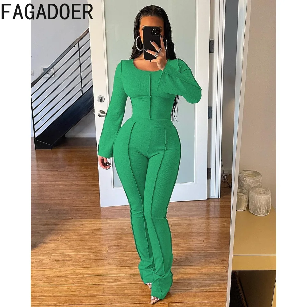 FAGADOER Autumn Winter Solid Ribber Two Piece Sets Women Round Neck Long Sleeve Top + Skinny Pants Outfits Casual Home 2pcs Suit