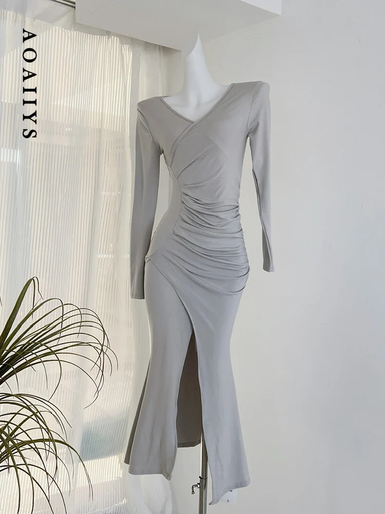 

Aoaiiys Dresses for Women Pleated V-neck Knitted Split Long Sleeve Dresses Fall New Fashion French Elegant High Waist Slim Dress