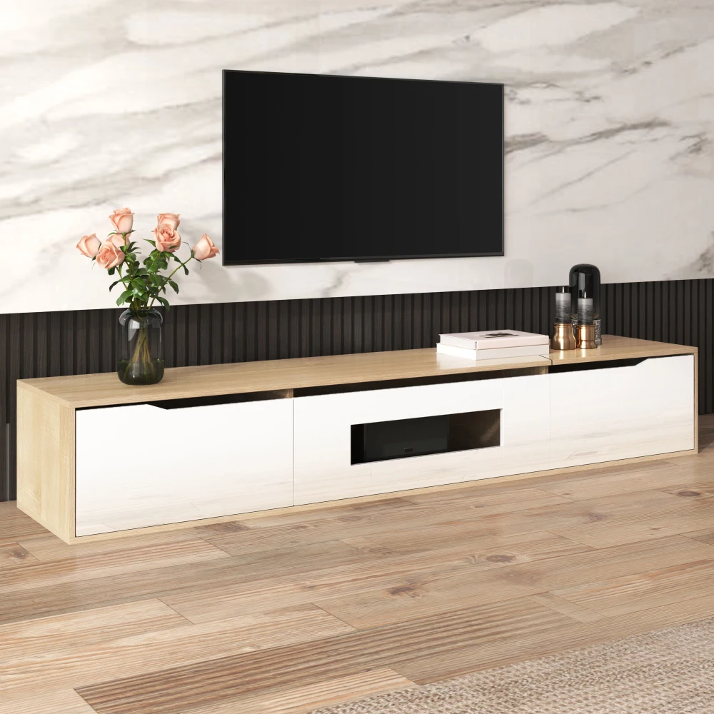 PINGGO Hochglanz-TV-Schrank Farblich Abgestimmte LED-Beleuchtung Weiß Holzton Heimunterhaltungs-Aufbewahrungseinheit – Detail 18