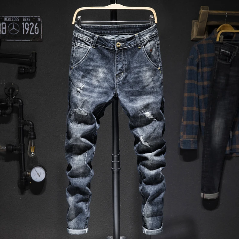 

Biker Jeans Men Dark Blue Stretch Slim Fit Ripped Distressed Streetwear Denim Pants Casual Retro Man Trousers Hiphop Jean Homme