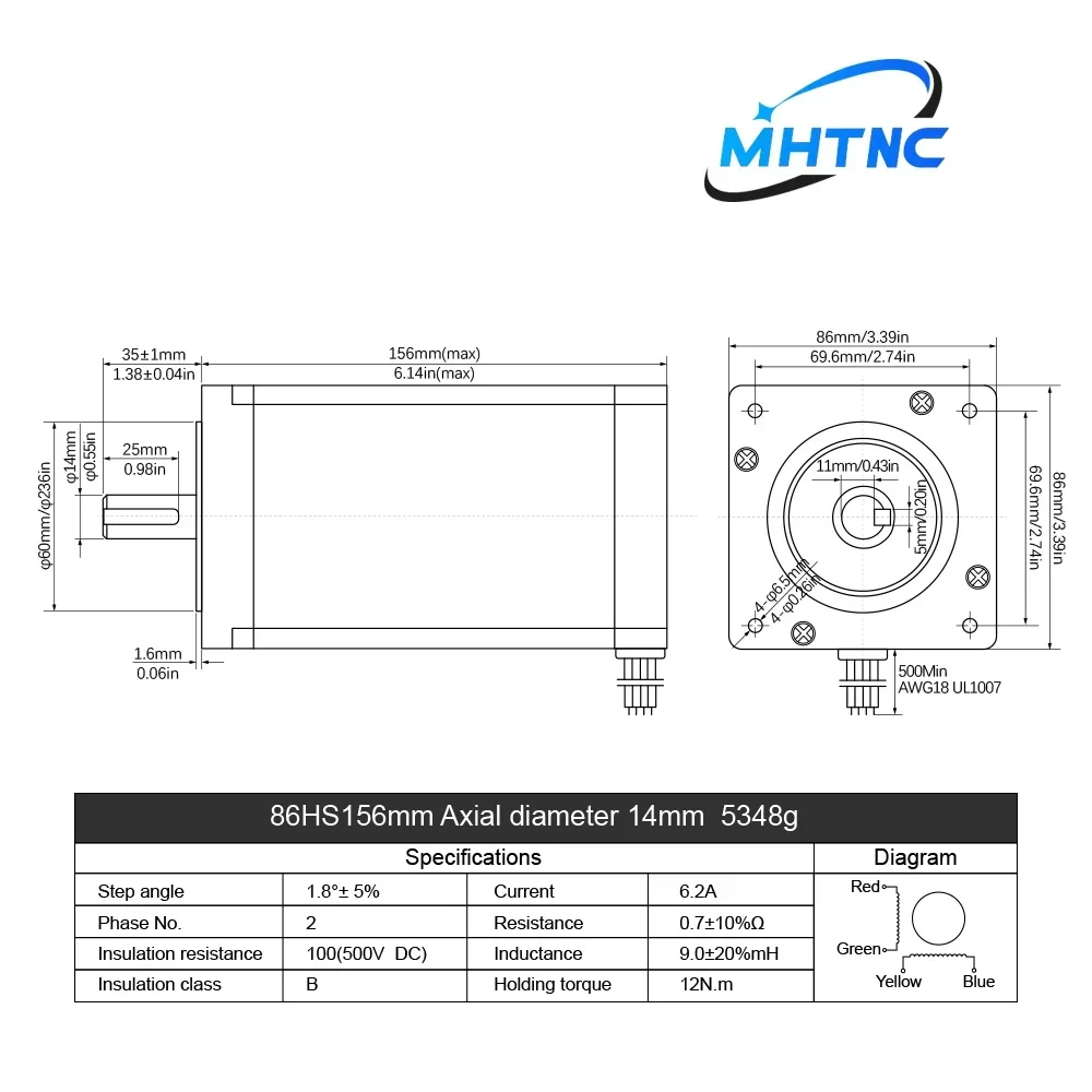 Nema 34 개방형 루프 스테퍼 모터 2상 86HS156 12N.m 6.2A 1714ozin CNC 라우터 고토크용 14mm 샤프트가 있는 4리드 DC 엔진