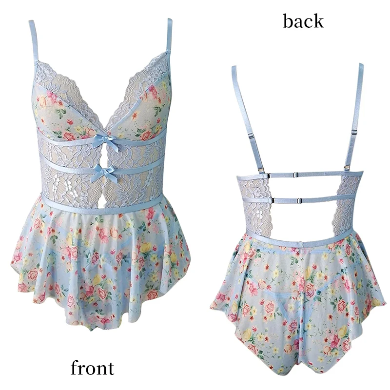 Summer Women's Lace Hollow V-Neck Suspender with Backless Sexy Printed Suspender for Women Nightdress women lingerie women bodysuit sleep wear set