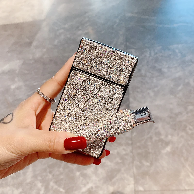 Diamond Cigarette Case With Lighter Leather 20 Thin Cigarettes Gas