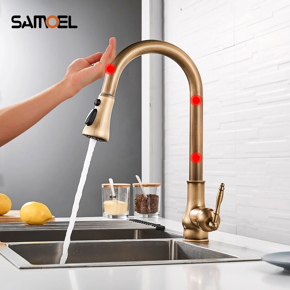

Touch Sense Antique Brass Pull Out Kitchen Faucet Hot Cold Water Mixer Crane 360 Rotation Kitchen Mixer Tap Basin Taps AF1120