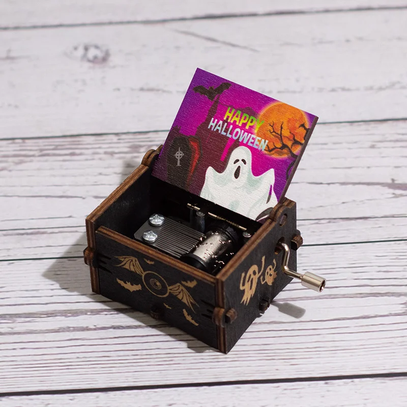 Halloween Wooden Hand-cranked Music Box, Horror Night Painted Music Box, Wooden Pumpkin Ornament, Ghost Festival Gift, Music Box 6