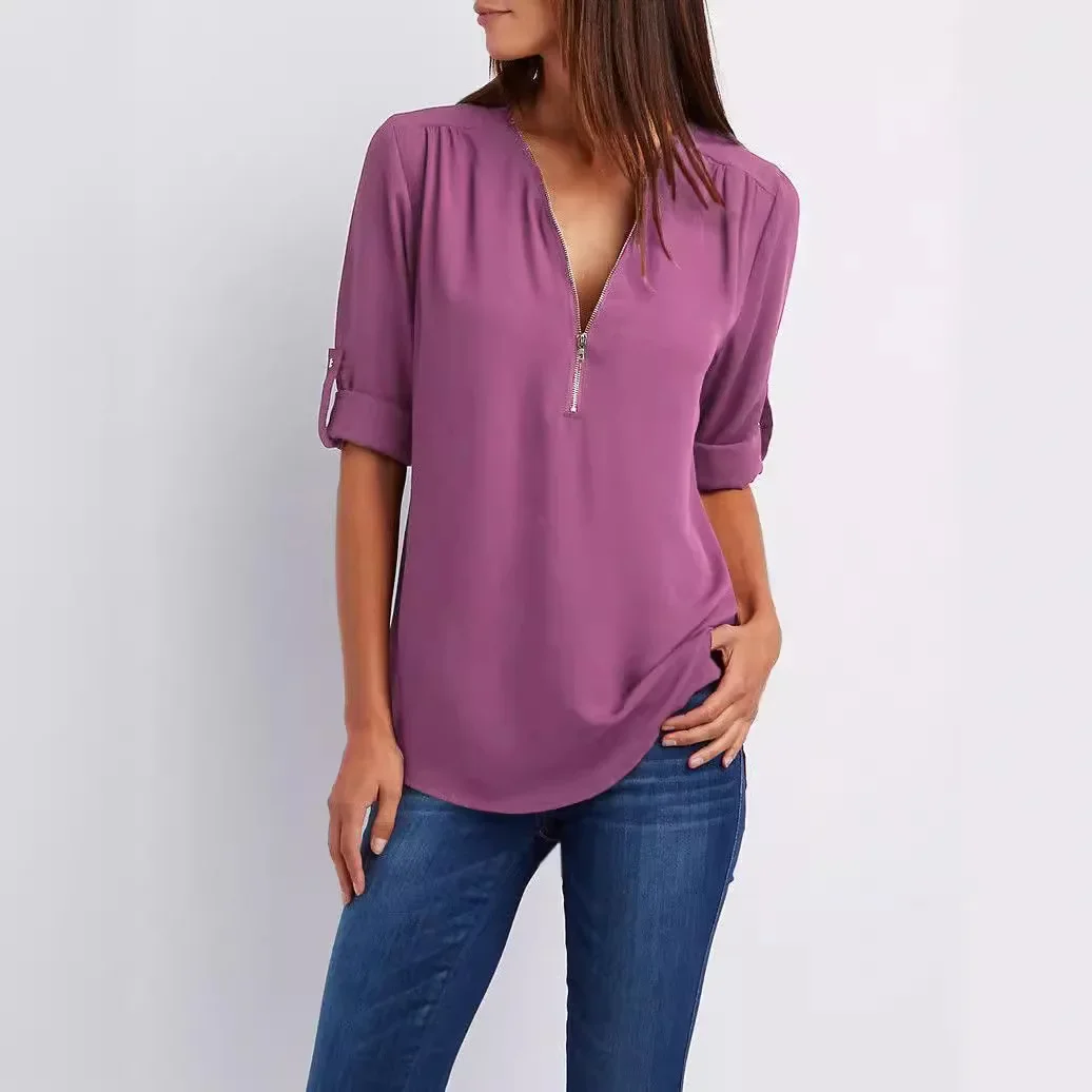 Women Floral Blouse Plus Size Deep V Neck Women Blouse Chiffon Cool Loose Shirt Fashion Casual Ladies Tops Sexy Zipper Pullover women floral blouse