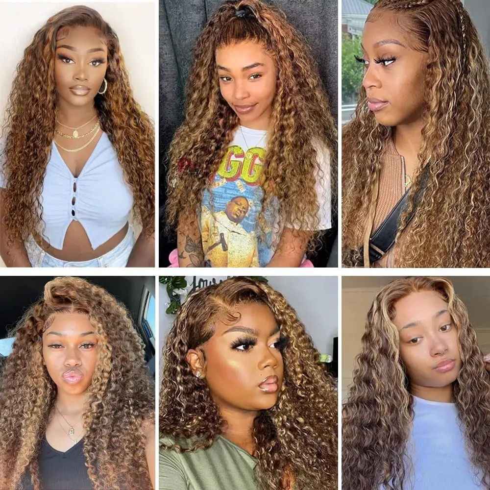 Highlight 13x4 Lace Front Wig Deep Wave 13x4 Lace Frontal Wig Remy Human Hair P4/27 Honey Blonde Pre Plucked For Women